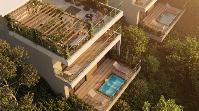 Aerial view of pool terraces